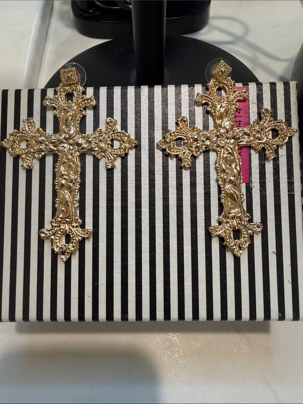 Gold Filigree Cross Dangle Earrings - Women's Religious Statement Jewelry